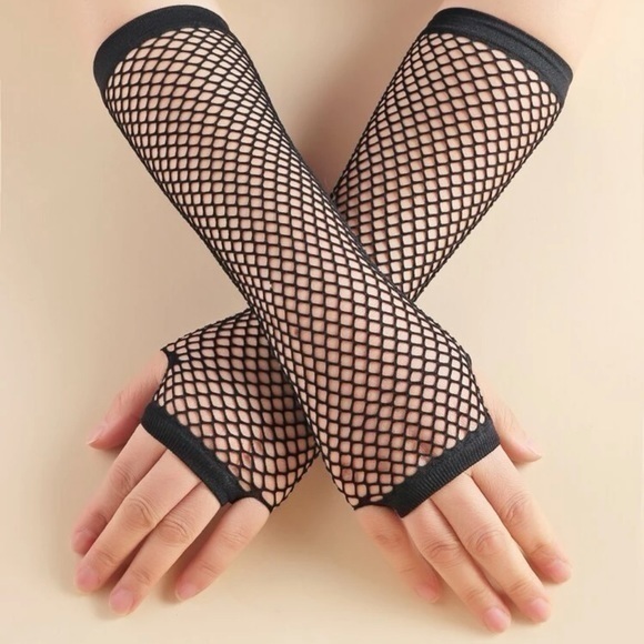 Black Fishnet Fingerless Gloves – 80s Goth Punk Costume or Rave Accessory - Picture 1 of 7